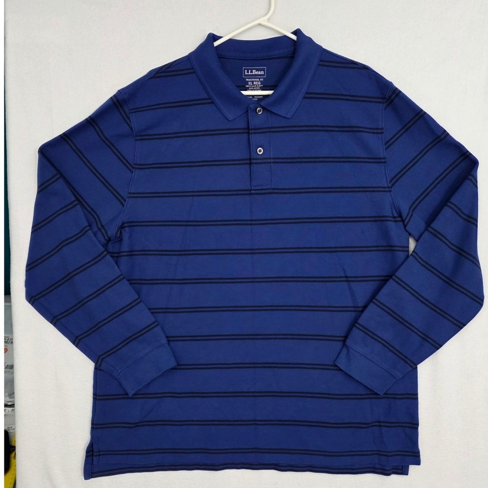 LL Bean Traditional Fit Polo Shirt XL Blue Striped Cotton Long Sleeve Y2K